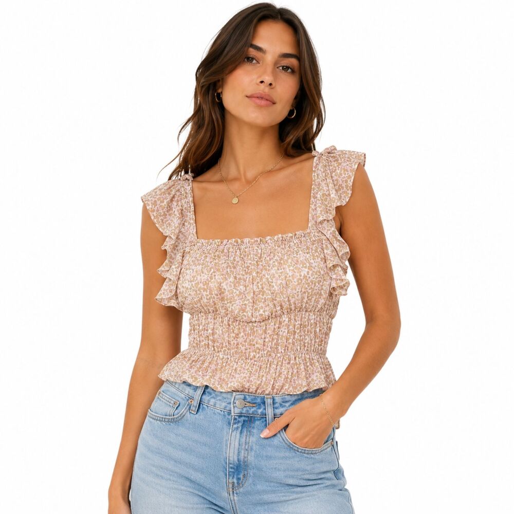 New Lulus Bodysuit Sz L Sweetest Frills Beige Multi Print Tie-Strap Smocked Chic